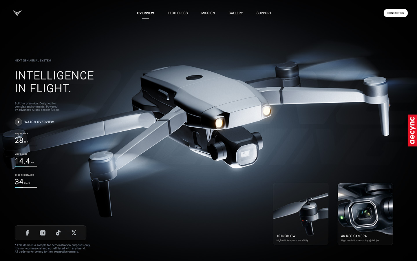 Interactive web experience for a drone product with cinematic lighting, 3D visualization, UI/UX design and graphic design elements.